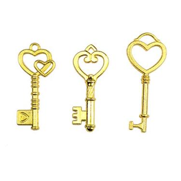 Imagem de Chaveiro Makhry Mixed 30 estilo antigo vintage esqueleto chaves em formato de coração para decoração festa de casamento pingentes antigos Dourado