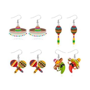 Imagem de 4 pares de brincos mexicanos para mulheres, chapéu de pimentão, roupa mexicana, cinco de maio, brincos de argola florais tradicionais, acessórios de festa de festa para mulheres