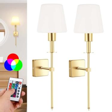 Imagem de SANKEDOU Conjunto de 2 Arandelas de Parede Operadas Por Bateria, Arandelas de Parede Recarregáveis com Controle Remoto Regulável de 8000 Mah 18 Rgb, Arandela de Parede Sem Fio Inte (Pequeno, Ouro)