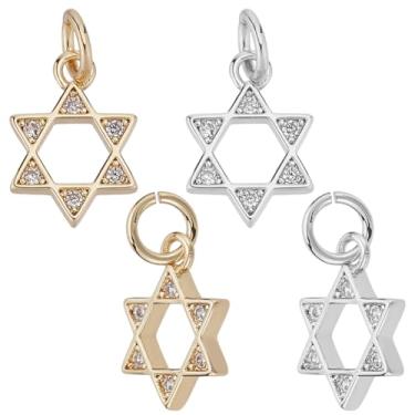 Imagem de arricraft Pingentes de estrela de Davi, pingente de estrela pequena banhado a ouro 14K com zircônia cúbica com anel de salto para brincos faça-você-mesmo, colares, artesanato de joias, Latão, Zircônia