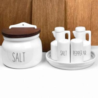 Imagem de Galheteiro jumbo com saleiro tampa de madeira porcelana words - Ordalh