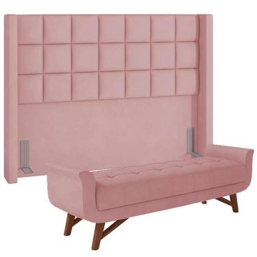Imagem de Kit Cabeceira Cama Box Casal 140cm Paris Com Puff Recamier Itália Veludo Rosê - Lyam