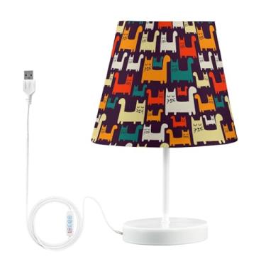 Imagem de Joisal Lâmpada pequena colorida com estampa de gatos engraçados para mesa de cabeceira com porta USB, lâmpadas de mesa LED para escritório em casa, luz de cama, decoração de quarto de hóspedes