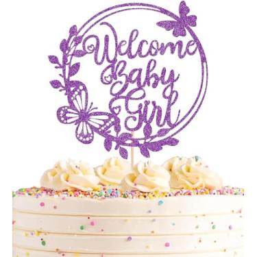 Imagem de AHAORAY Welcome Baby Girl Cake Topper - Decorações de bolo de chá de bebê roxo profundo, decoração de bolo de bebê, para chá de bebê/festa de aniversário/adereços de cabine de fotos de festa revelação