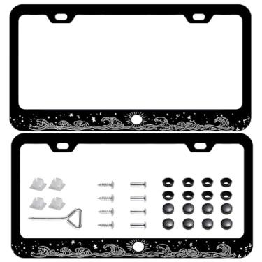 Imagem de Pacote com 2 molduras para placa de licença Sunrise Waves, aço inoxidável costeiro nascer do sol horizonte ondas do mar sol praia vista costa com tampa de parafuso e conjunto de chave de fenda - 2