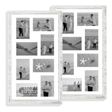 Imagem de Hongkee Conjunto de 2 porta-retratos de 30 x 56 cm, branco envelhecido com moldura de colagem de vidro, exiba oito fotos com abertura 10 x 15 cm com tapete ou jornal de 12 x 55 cm sem tapete - suporte