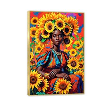 Imagem de Arte africana mulher negra cuadros pôsteres menina impressão em tela escandinava arte de parede abstrato colorido girassol decoração de imagem 75 x 50 cm (30 x 20 pol) moldura dourada