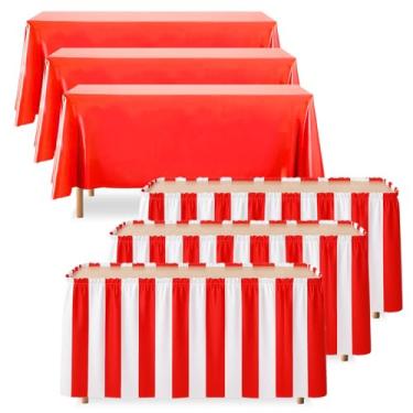 Imagem de 6 peças de toalhas de mesa listradas vermelhas e brancas, capa de mesa de plástico vermelho, toalhas de mesa de carnaval, saia de mesa de carnaval, decoração de mesa de festa com tema de circo, para