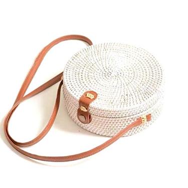 Imagem de Kbinter Bolsa de palha de ratã redonda feita à mão para mulheres Ombro couro Alças de botão Natural Chique Bolsa de bali feita à mão, Branco, Large