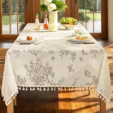 Imagem de Toalha de mesa decorativa com borboleta delicada e renda floral, lavável, toalha de mesa retangular, sem rugas, antidesbotamento, perfeita para uso externo e interno (bege claro, 140 x 178 cm, 4 a 6
