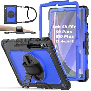 Imagem de BASE MALL Capa para tablet compatível com Samsung Galaxy Tab S10 Plus 2024/S9 FE+/S9 Plus 5G 31.5 cm 2023, com protetor de tela de vidro temperado, suporte giratório, alça de ombro (azul)