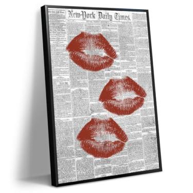 Imagem de abrtolpffo Arte de parede em tela de jornal preto e branco, pôster estético de lábios vermelhos da moda, pintura de imagem de apartamento de dormitório sexy feminino, decoração de parede de carrinho