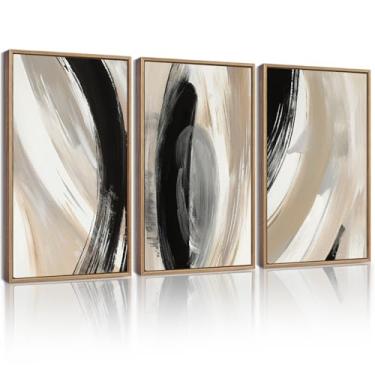 Imagem de KUVIOKE Arte de parede emoldurada abstrata moderna preta neutra minimalista tinta e lavagem grafite pastel decoração de parede para quarto sala de estar 40 x 61 cm (moldura natural)