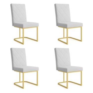 Imagem de Kit 04 Cadeiras de Jantar Estofada Siena Linho Base de Ferro Dourada - Pallazio