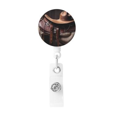 Imagem de Selim de cavalo com um chapéu de caubói maleável retrátil com clipe de cinto, suporte de cartão de nome de plástico leve retrátil porta-crachá de identidade, clipe engraçado para presentes de