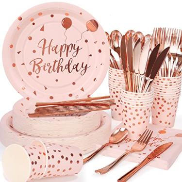 Imagem de 200 peças descartáveis rosa para festa de aniversário para mesa de 25 pratos de festa de aniversário em ouro rosa rosê para brincos, talheres de plástico de ouro rosa para meninas e mulheres artigos de festa de aniversário