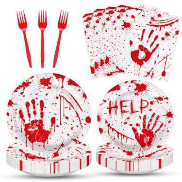 Imagem de 100 Pieces Halloween Bloody Party Tableware Set – Disposable Plates, Napkins, and Red Forks with Blood Handprint and Splatter Design for Halloween, Horror-Themed Birthday, Haunted House Party Supplies