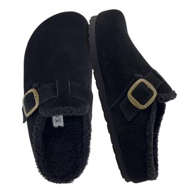 Imagem de CUSHIONAIRE Tamancos femininos de couro genuíno Haven – Sapatos femininos sem cadarço com forro de pele sintética com palmilha de cortiça e fivela ajustável, Preto, 40 BR