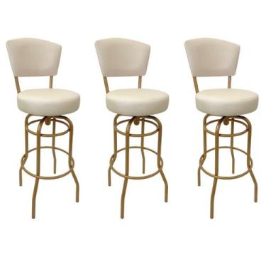 Imagem de Kit 3 Banquetas Bar Giratória Altura 65cm com Encosto cor Dourado fosc