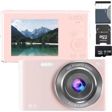 Imagem de eDealz Câmera Digital Compacta De 44 Mp, Com Compacta, Aponte E Dispare, Cartão Sd 32 Gb, Zoom 16X Tela 2,4", Ideal Para Vlogs, Adolescentes Idosos (Rosa)