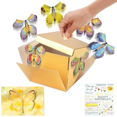 Imagem de WCHOSOZH Caixa de presente de explosão surpresa com 6 peças de borboletas voadoras, caixa de aniversário de borboleta explosiva com fita de adesivos de cartão de parabéns, capa de aniversário de