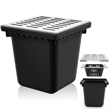 Imagem de Kritkin Bacia de captura com grade de aço inoxidável 304 38 x 38 x 38 cm quadrada grande bacia de captura para drenagem com cesta de detritos Dreno francês sem furo reservado para quintal, calha