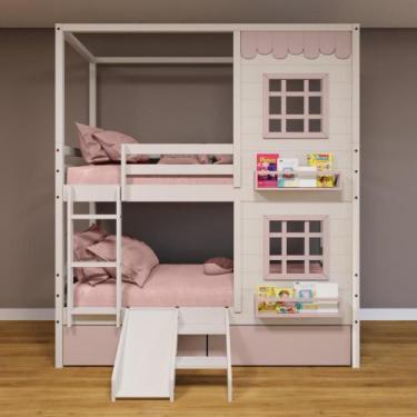 Imagem de Beliche Casinha Reta 02 Janelas 02 Gavetas Rosa e Escorregador Madeira