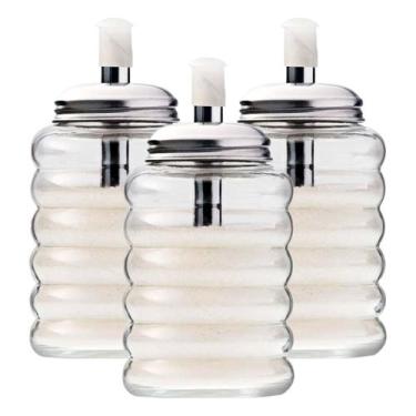 Imagem de Kit De Açucareiros De Vidro Com Bico Dosador Tampa Em Inox Com 3 Peças
