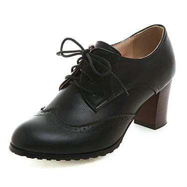 Imagem de Sapato social feminino de couro vintage Oxfords Brogues com cadarço, salto médio, bico redondo, 1 preto, 35
