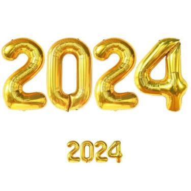 Imagem de Kit Balão Bexiga Metalizado 2024 Dourado Ano Novo Reveillon