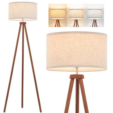Imagem de ELYONA Tripé de madeira para quarto, luminária de pé vintage, 3 temperaturas de cores, lâmpada LED incluída e sombra de linho bege, luminária de chão alta para sala de estar, escritório, sala de
