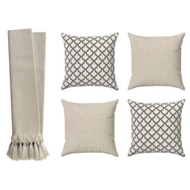 Imagem de Kit Manta Para Sofá Luxo Bege Cru + 4 Capas De Almofadas Geométricas -