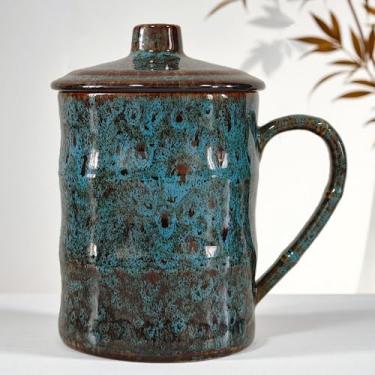 Imagem de XUANTGY Caneca de café grande de cerâmica de 737 g, caneca de chá jumbo extra grande com tampa para escritório e casa, presente Fengshui, azul