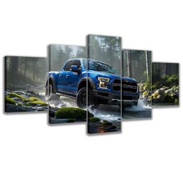 Imagem de CANLUNTE Impressão em tela azul clássica caminhonete cruzando rio em floresta densa 5 painéis - pintura de arte de parede para decoração de casa (art-1, grande 152 x 76 cm sem moldura)