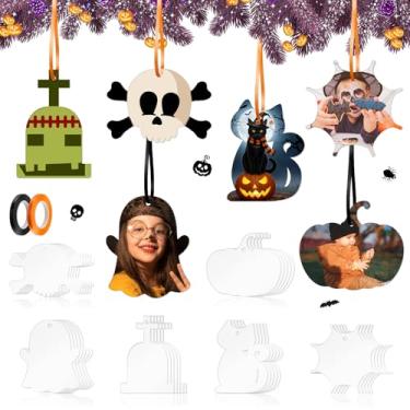 Imagem de Fiwochic 30 peças de enfeites de acrílico de Halloween em branco dupla face, enfeites transparentes para pendurar no dia das bruxas, pingentes personalizados em branco com fita de furo para artesanato