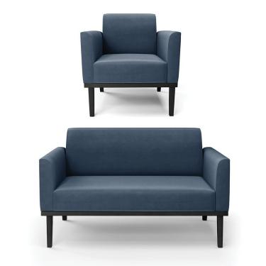 Imagem de Sofá Namoradeira Com Poltrona Base De Madeira Fixa Preto Marisa Suede D03 - D'Rossi Azul Marinho