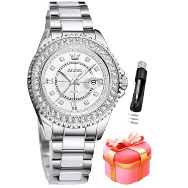 Imagem de OLEVS Relógios femininos diamante com data, couro de luxo, à prova d'água, relógio de pulso analógico, vestido de aço inoxidável, calendário luminoso, relógio feminino, mostrador verde/prata/vermelho