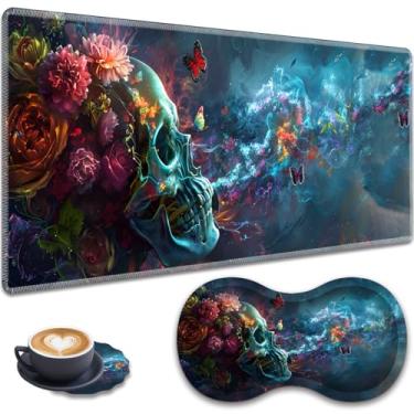 Imagem de Mouse pad grande para jogos + descanso de pulso + porta-copos de renda, conjunto antiderrapante, com bordas costuradas e tapete de mesa expansível à prova d'água, adequado para escritório/casa