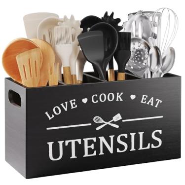 Imagem de Organizador de talheres de madeira, suporte grande de utensílios de cozinha com 4 compartimentos, suporte de talheres de madeira rústica para festa, espátula preta para bancada, organizador de