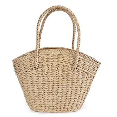 Imagem de QTKJ Bolsas de palha, sacola feminina de verão, retrô, de palha, cor pura, bolsa de ombro de praia (cáqui), bege, cáqui, 13.97''x 3.93''x 17.32''