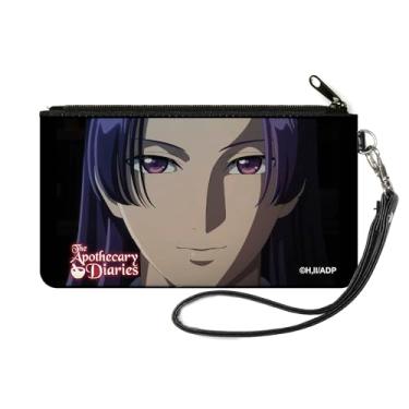 Imagem de Carteira The Apothercary Diaries, bolsa com zíper, boticário Diaries Jinshi Face Close Up e logotipo do título preto, tela