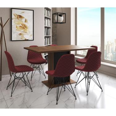 Imagem de Mesa Jantar Londres Retangular Amêndoa 137X90 Base Preta 6 Cadeiras Estofadas Vermelho Ferro Preto