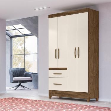 Imagem de Guarda Roupa Solteiro 4 Portas 2 Gavetas Castanho Wood - Off White Madri - Moval