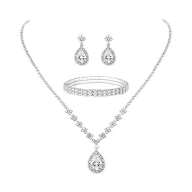 Imagem de RIJXU Conjuntos de joias de casamento de prata para noivas dama de honra delicados conjuntos de colar e brincos de strass para mulheres conjunto de joias de fantasia de noiva, Large, Cobre Strass