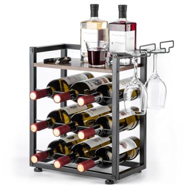 Imagem de Rack de vinho de bancada de madeira com bandeja, suporte de garrafa de vinho independente para 9 garrafas e 2 copos, suporte de vinho rústico para casa, bar, cozinha, adega
