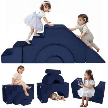 Imagem de MeMoreCool Sofá infantil modular, sofá de espuma com design deslizante e escada, sofá infantil conversível para sala de jogos, móveis infantis secionais para quarto, sala de estar, azul marinho
