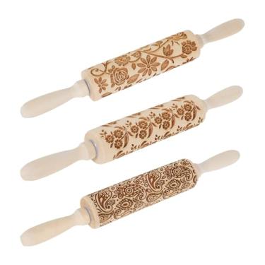 Imagem de 3 peças de rolo em relevo para cerâmica, 35 x 4,5 cm, lindos padrões faça você mesmo, madeira de faia de qualidade, sem pintura e sem cera, adequado para biscoitos, doces, pizzas, caldo, tortas e