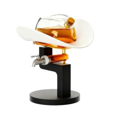 Imagem de Decantador de chapéu de cowboy ocidental – garrafa de uísque e licor de vidro transparente de 775 ml | Exibição de bar premium para casa, lounge ou caverna masculina | Peça rústica de colecionador e