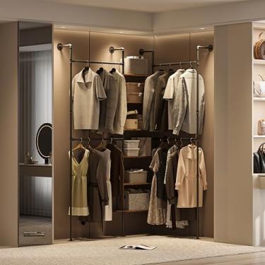 Imagem de HKaikzo Suporte para roupas de tubo industrial, suporte de parede com organizador de madeira para pendurar, canto com economia de espaço ou design reto para loja de varejo, quarto, armário