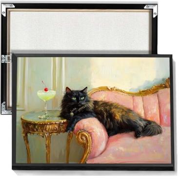 Imagem de Arte de parede vintage gato com martini no sofá gato fofo com coquetel vintage coquetel estética pôster divertido bar carrinho impressão para quarto dormitório bar carrinho decoração de parede 30 x 40
